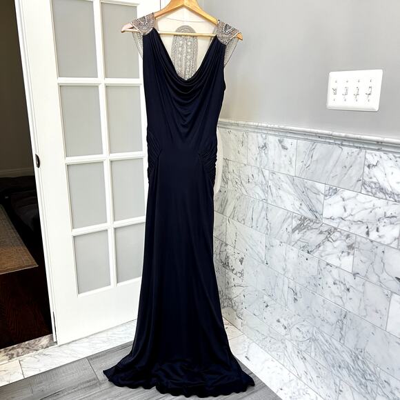 Reem Acra Beaded Embellished Mesh Back Gown Navy Blue Size 4 - Picture 10 of 13